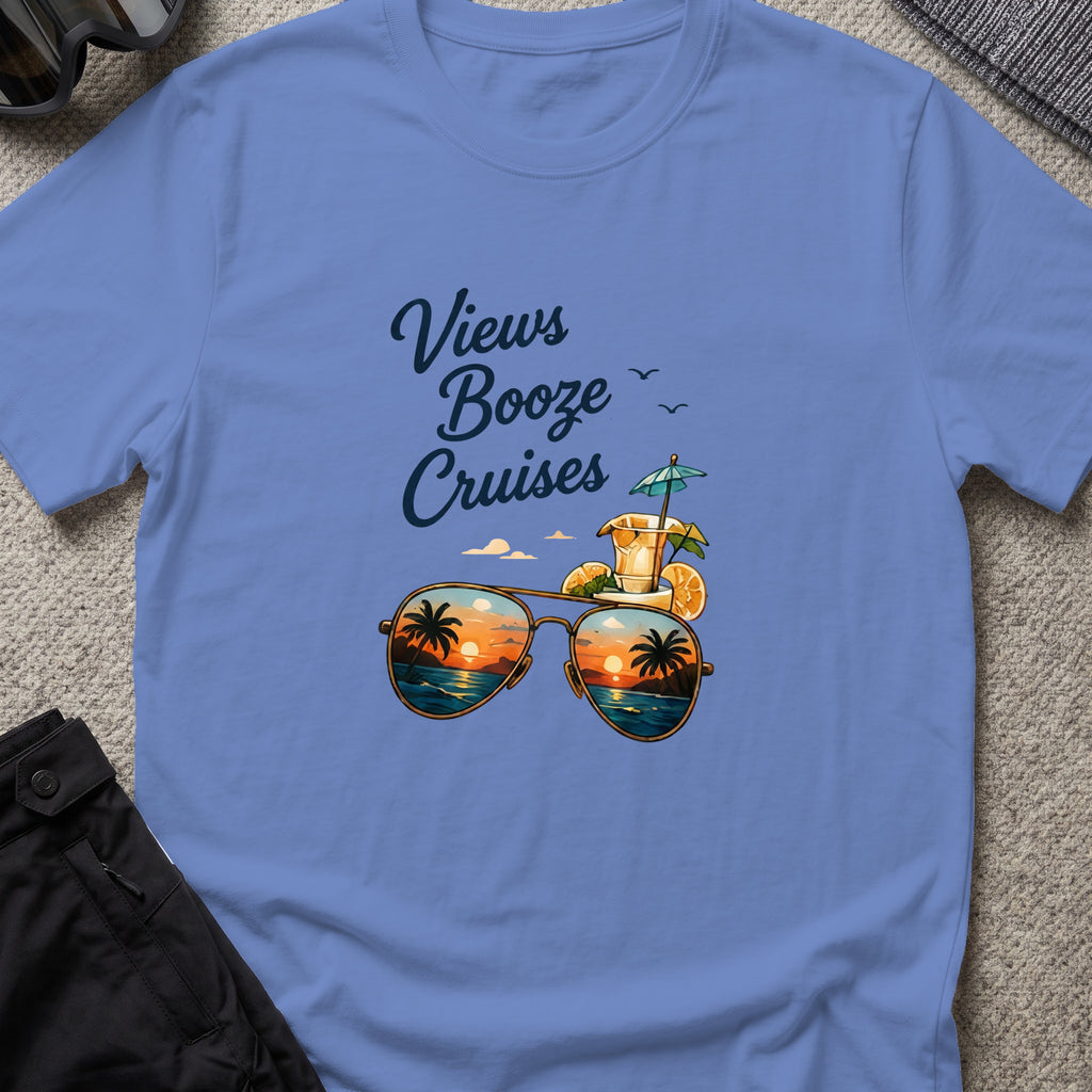 Views, Booze, and Cruises T-Shirt — Aviators in Iris, front view.
