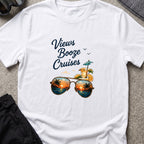 Views, Booze, and Cruises T-Shirt — Aviators in White, front view.