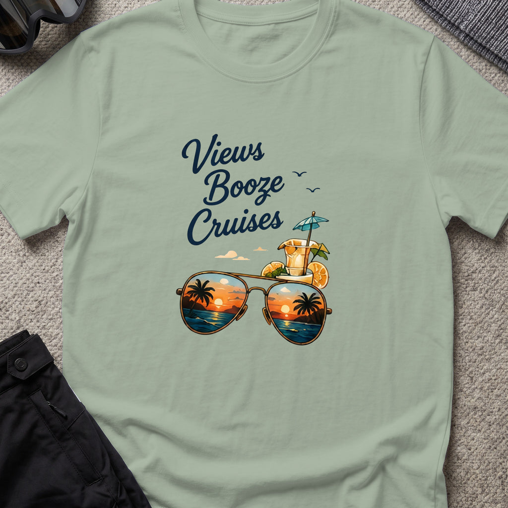 Views, Booze, and Cruises T-Shirt — Aviators in Sage, front view.