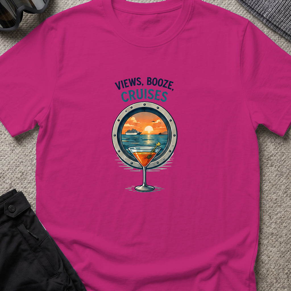 Views, Booze, and Cruises T-Shirt — Cocktail in Antique Heliconia, front view.
