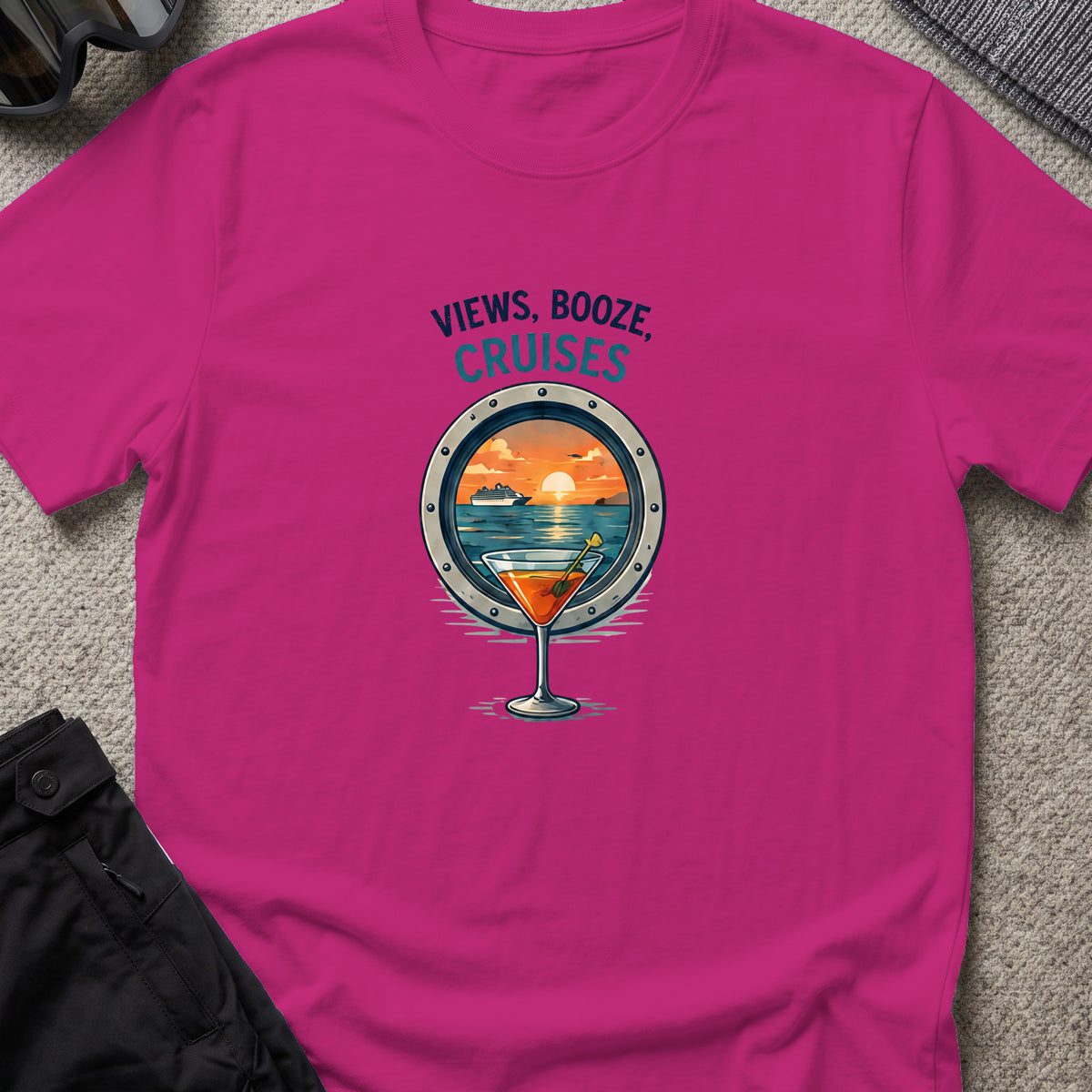 Views, Booze, and Cruises T-Shirt — Cocktail in Antique Heliconia, front view.
