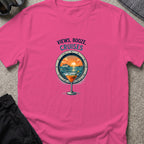 Views, Booze, and Cruises T-Shirt — Cocktail in Heliconia, front view.