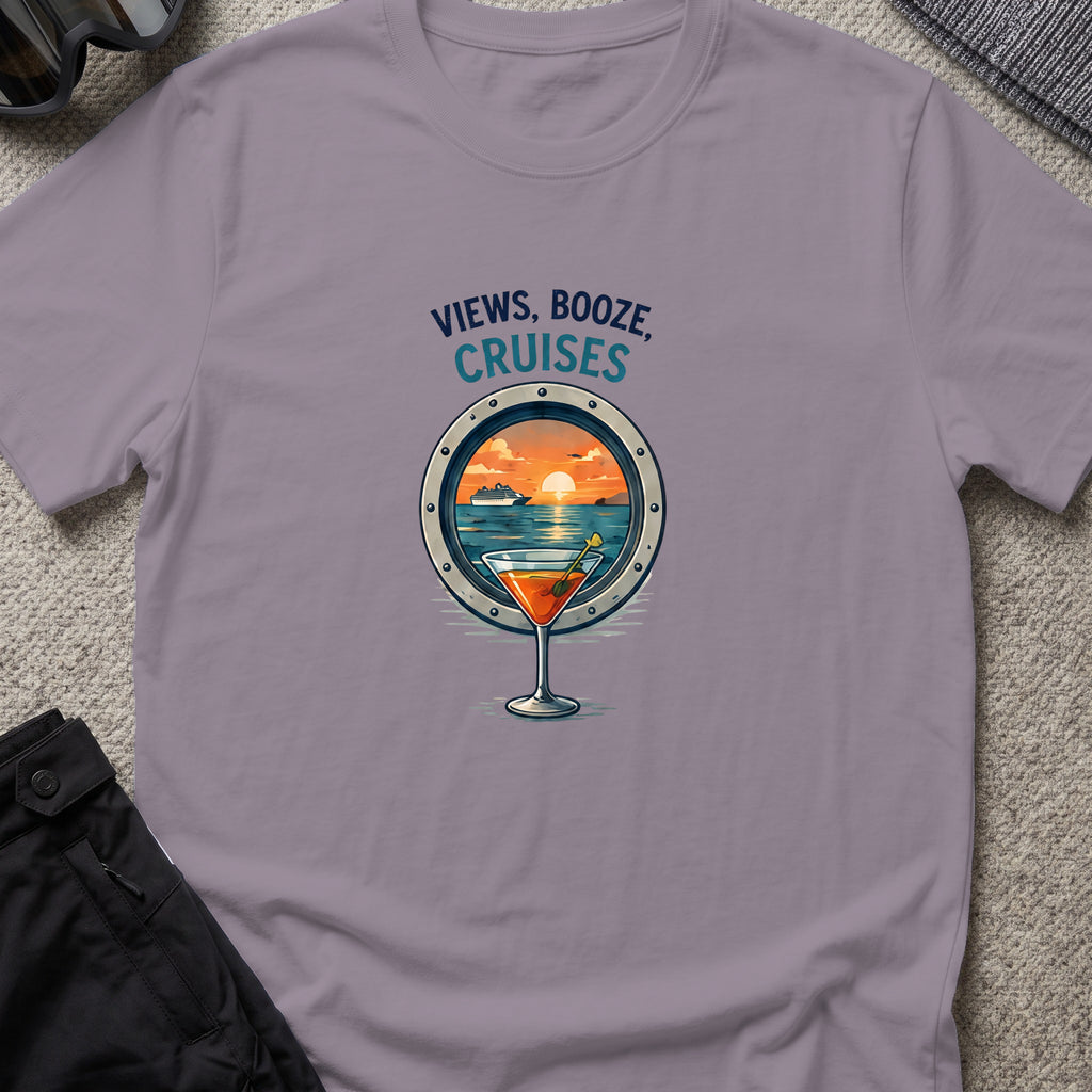 Views, Booze, and Cruises T-Shirt — Cocktail in Paragon, front view.