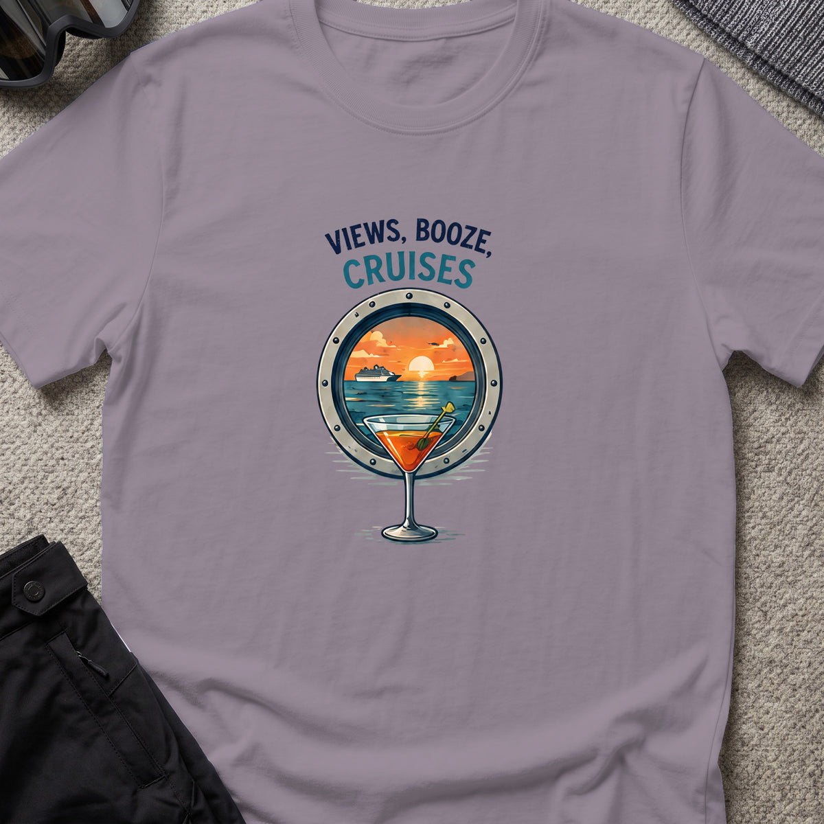 Views, Booze, and Cruises T-Shirt — Cocktail in Paragon, front view.