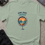 Views, Booze, and Cruises T-Shirt — Cocktail in Sage, front view.