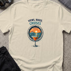 Views, Booze, and Cruises T-Shirt — Cocktail in Sand, front view.
