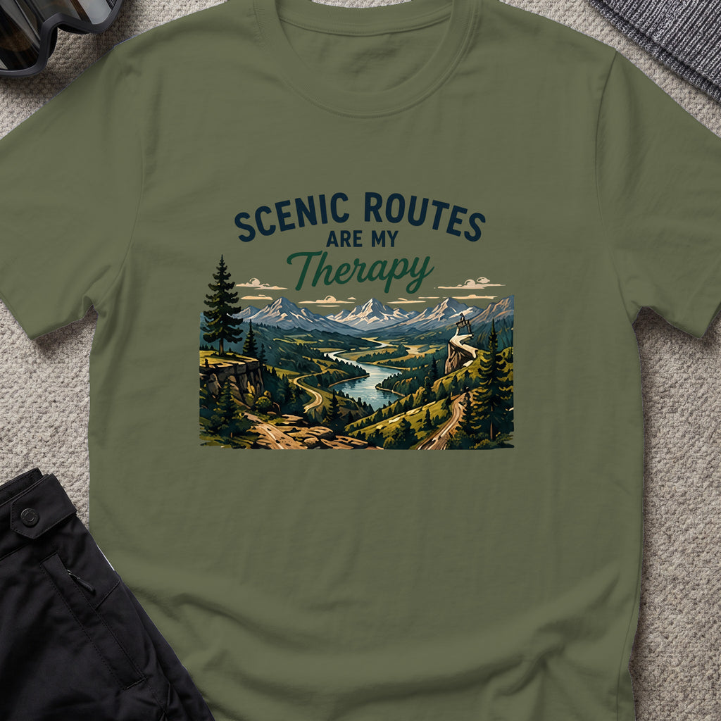 Scenic Routes are my Therapy T-Shirt in Military Green, front view.