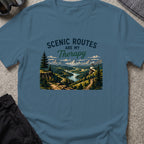 Scenic Routes are my Therapy T-Shirt in Indigo Blue, front view.
