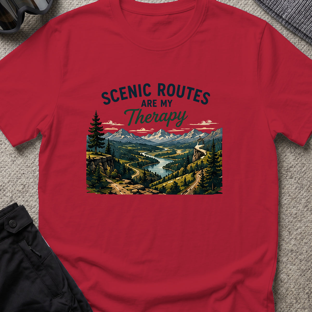 Scenic Routes are my Therapy T-Shirt in Antique Cherry Red, front view.