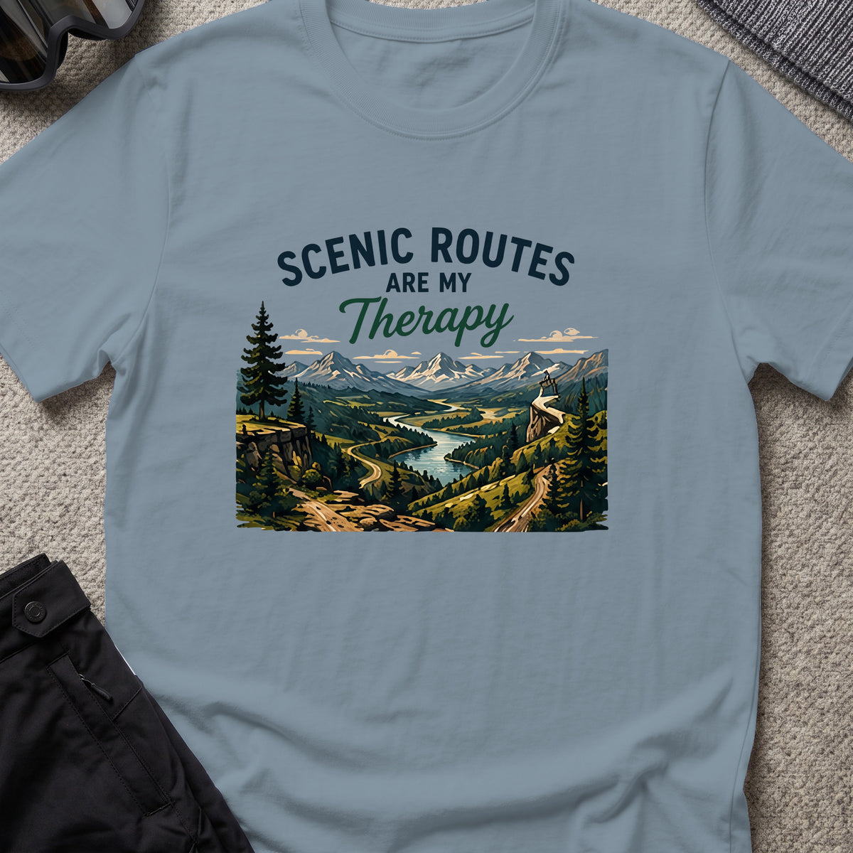 Scenic Routes are my Therapy T-Shirt in Stone Blue, front view.