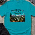Scenic Routes are my Therapy T-Shirt in Tropical Blue, front view.