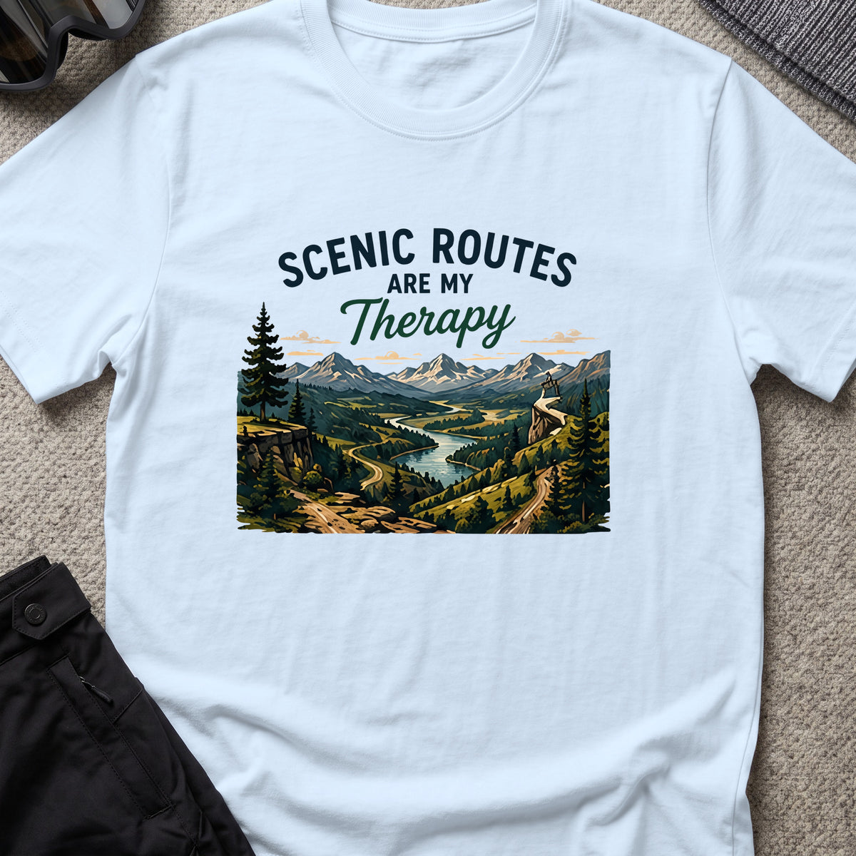 Scenic Routes are my Therapy T-Shirt in Light Blue, front view.