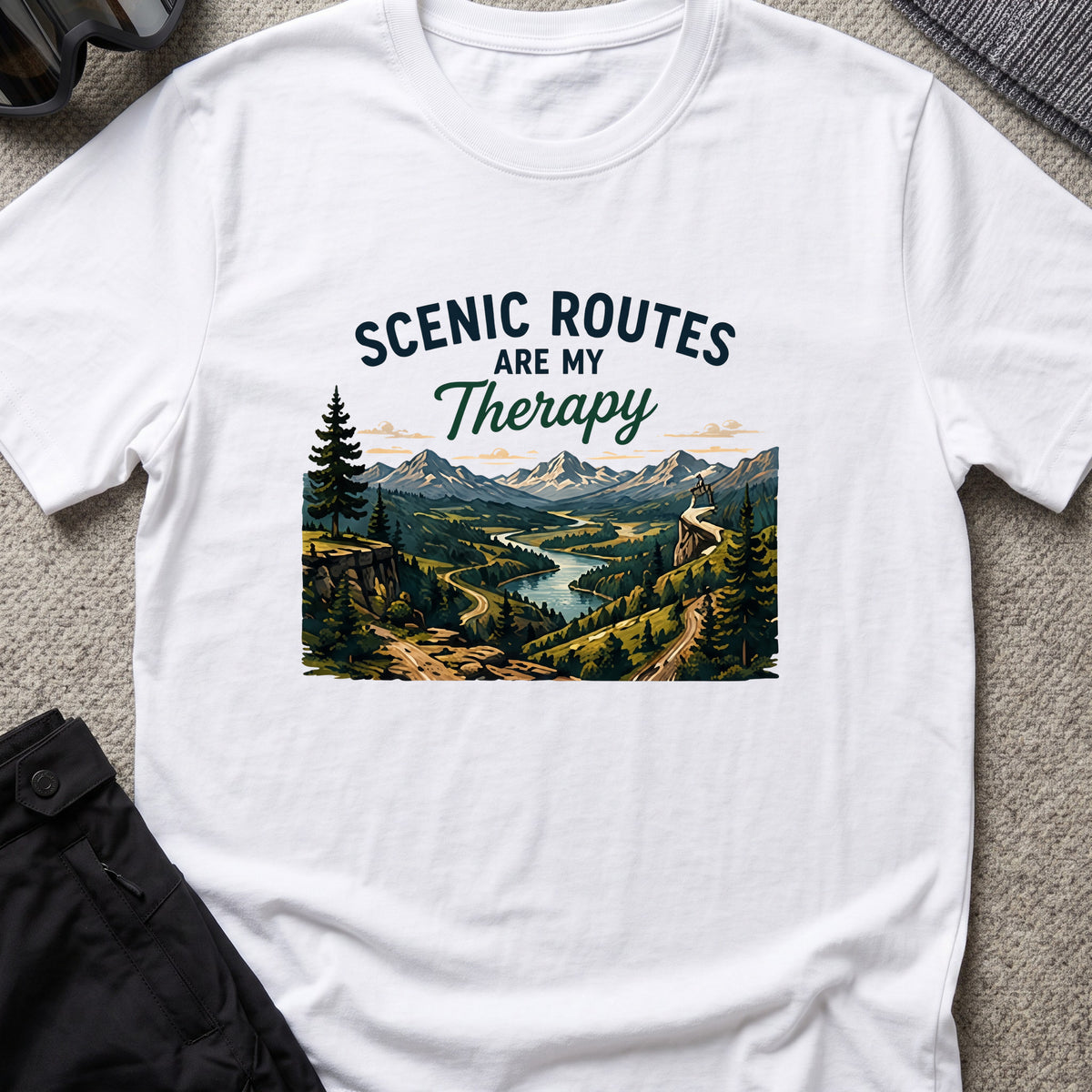 Scenic Routes are my Therapy T-Shirt in White, front view.