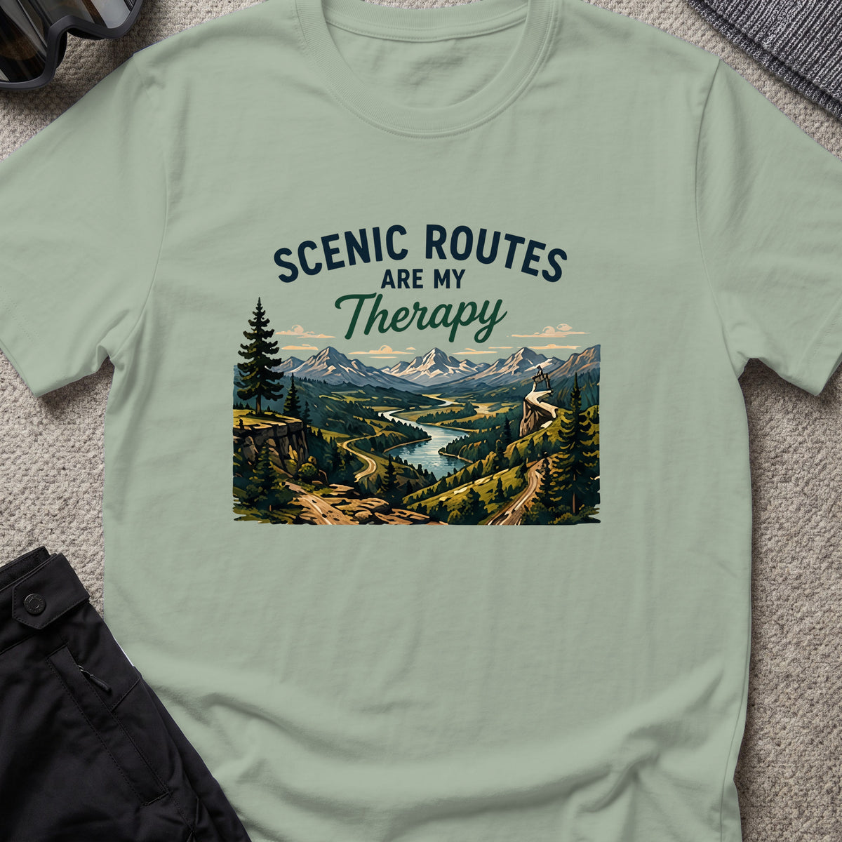 Scenic Routes are my Therapy T-Shirt in Sage, front view.
