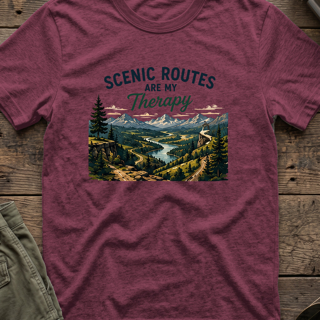 Scenic Routes are my Therapy T-Shirt in Heather Maroon, front view.
