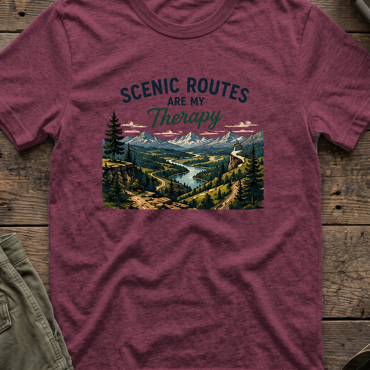 Scenic Routes are my Therapy T-Shirt in Heather Maroon, front view.