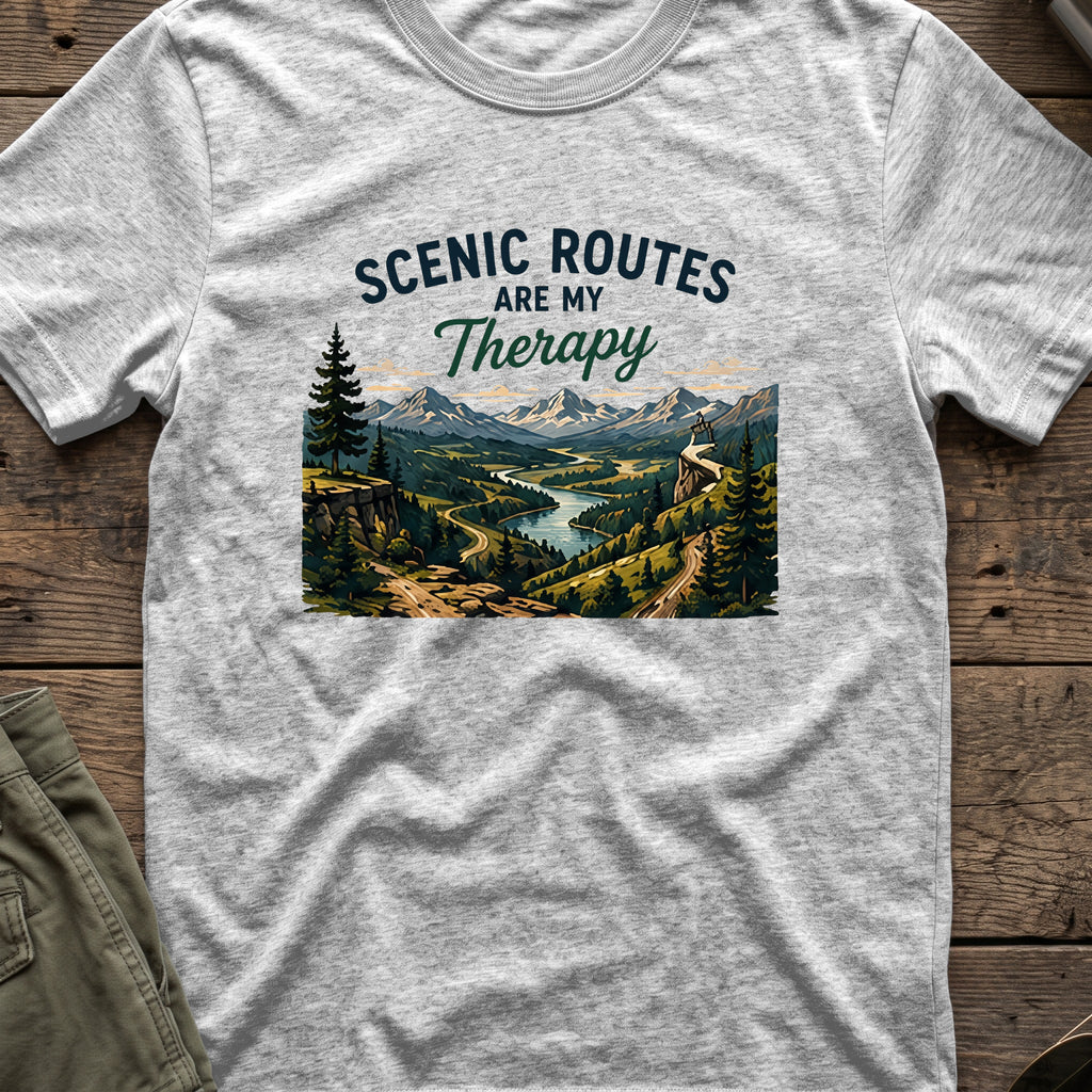 Scenic Routes are my Therapy T-Shirt in Sport Grey, front view.