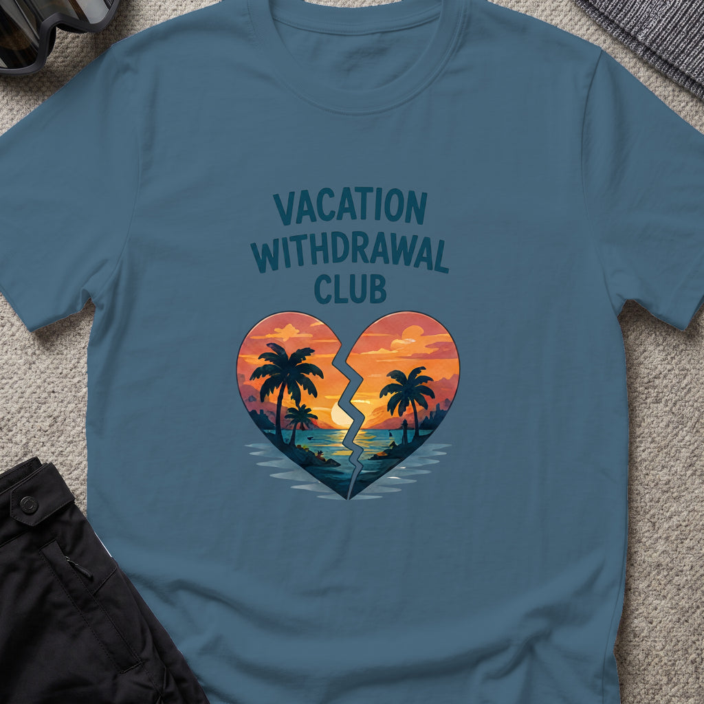 Vacation Withdrawal Club T-Shirt in Indigo Blue, front view.