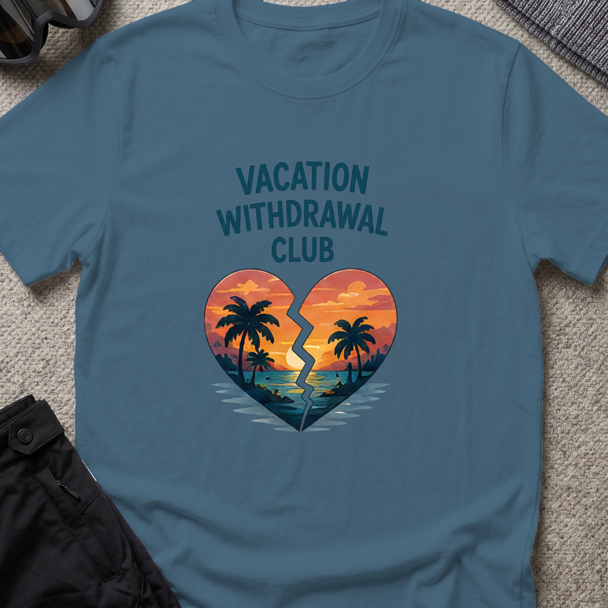 Vacation Withdrawal Club T-Shirt in Indigo Blue, front view.