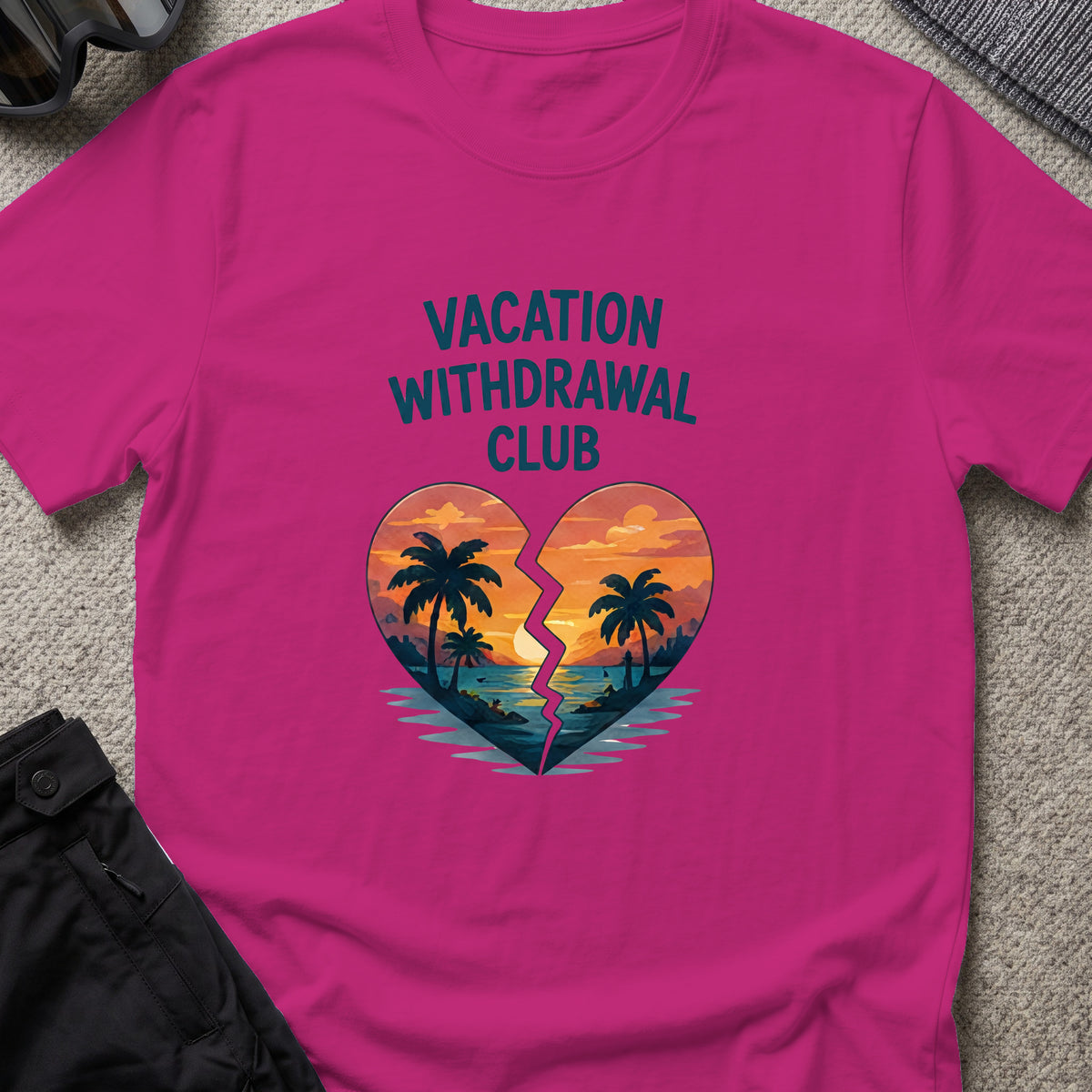Vacation Withdrawal Club T-Shirt in Antique Heliconia, front view.