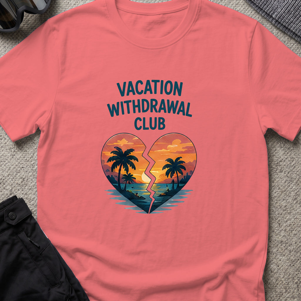 Vacation Withdrawal Club T-Shirt in Coral Silk, front view.