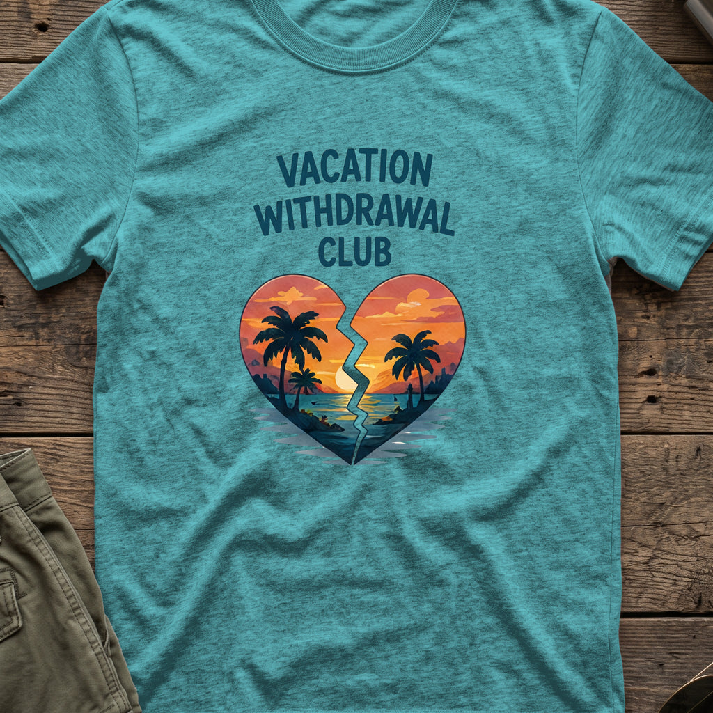 Vacation Withdrawal Club T-Shirt in Heather Galapagos Blue, front view.