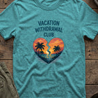 Vacation Withdrawal Club T-Shirt in Heather Galapagos Blue, front view.