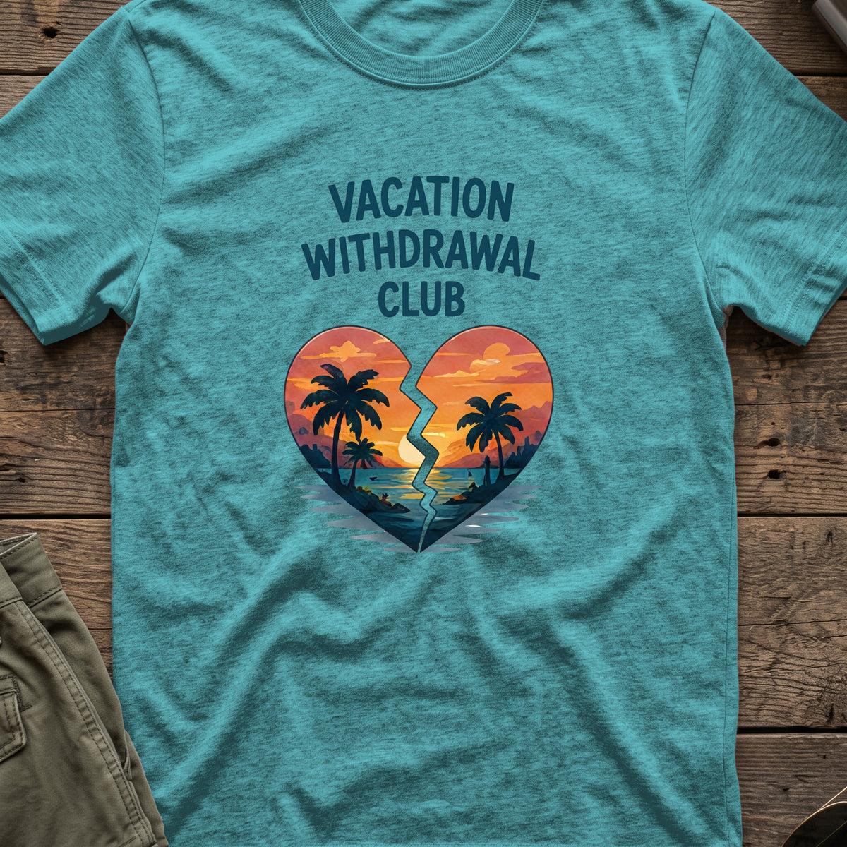 Vacation Withdrawal Club T-Shirt in Heather Galapagos Blue, front view.