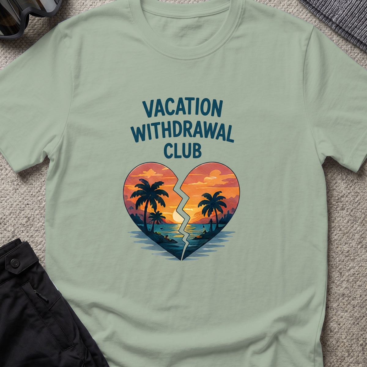 Vacation Withdrawal Club T-Shirt in Sage, front view.