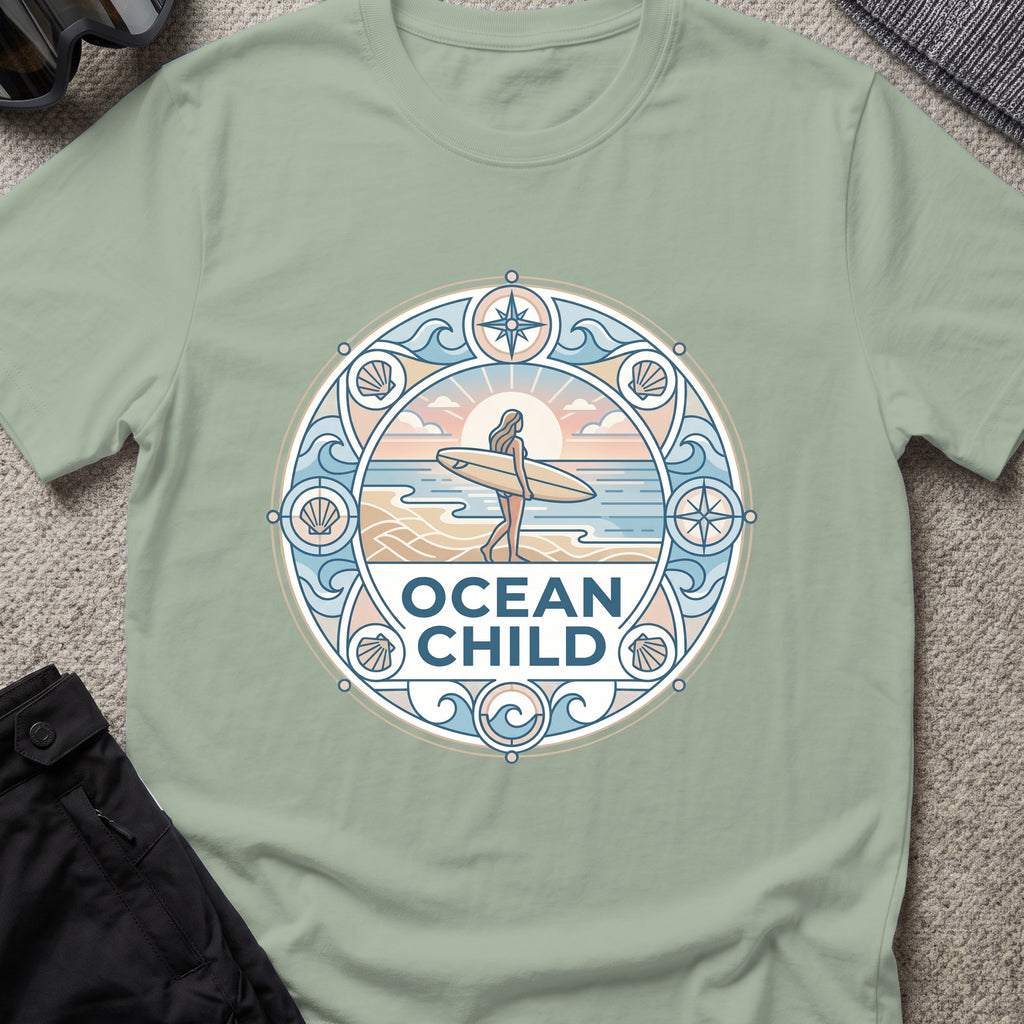 Ocean Child T-Shirt in Sage, front view.