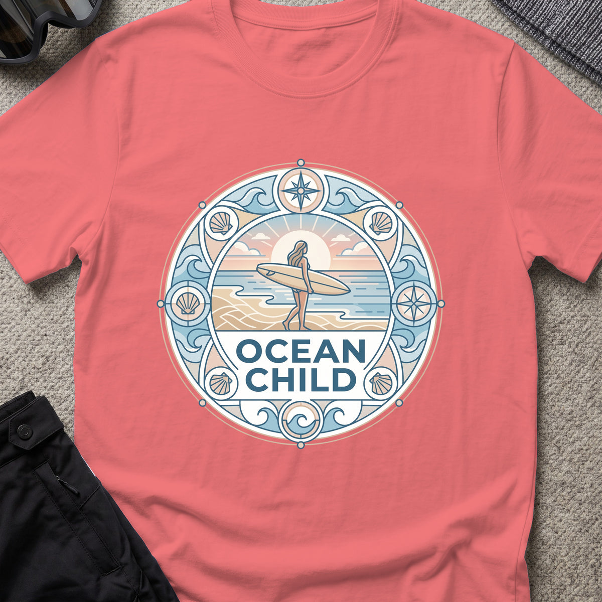 Ocean Child T-Shirt in Coral Silk, front view.