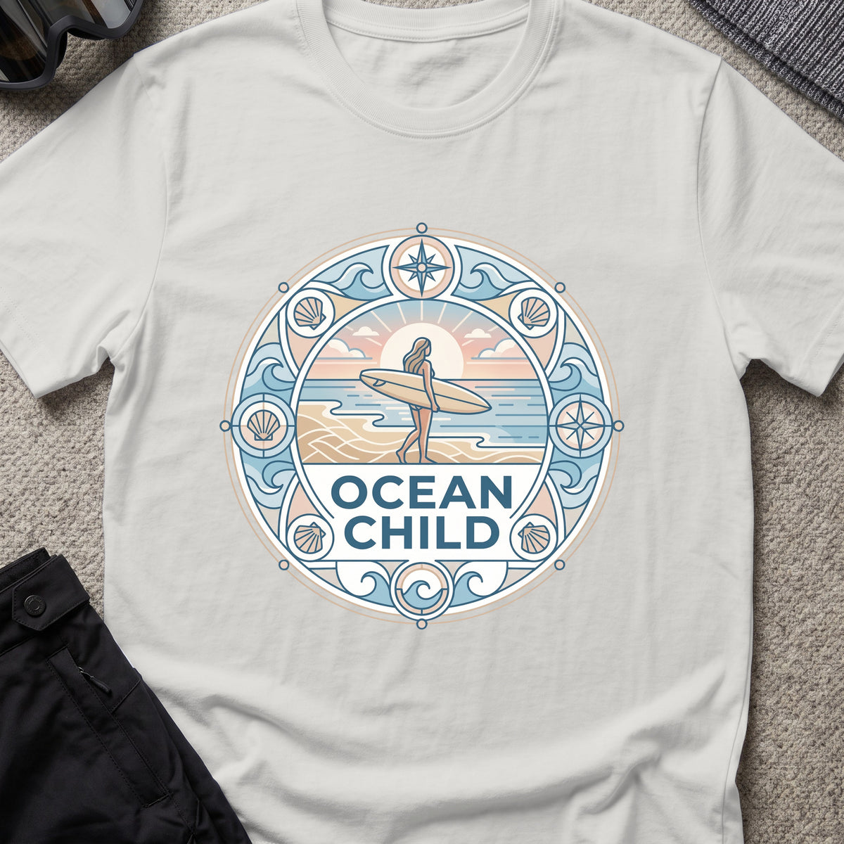 Ocean Child T-Shirt in Ice Grey, front view.