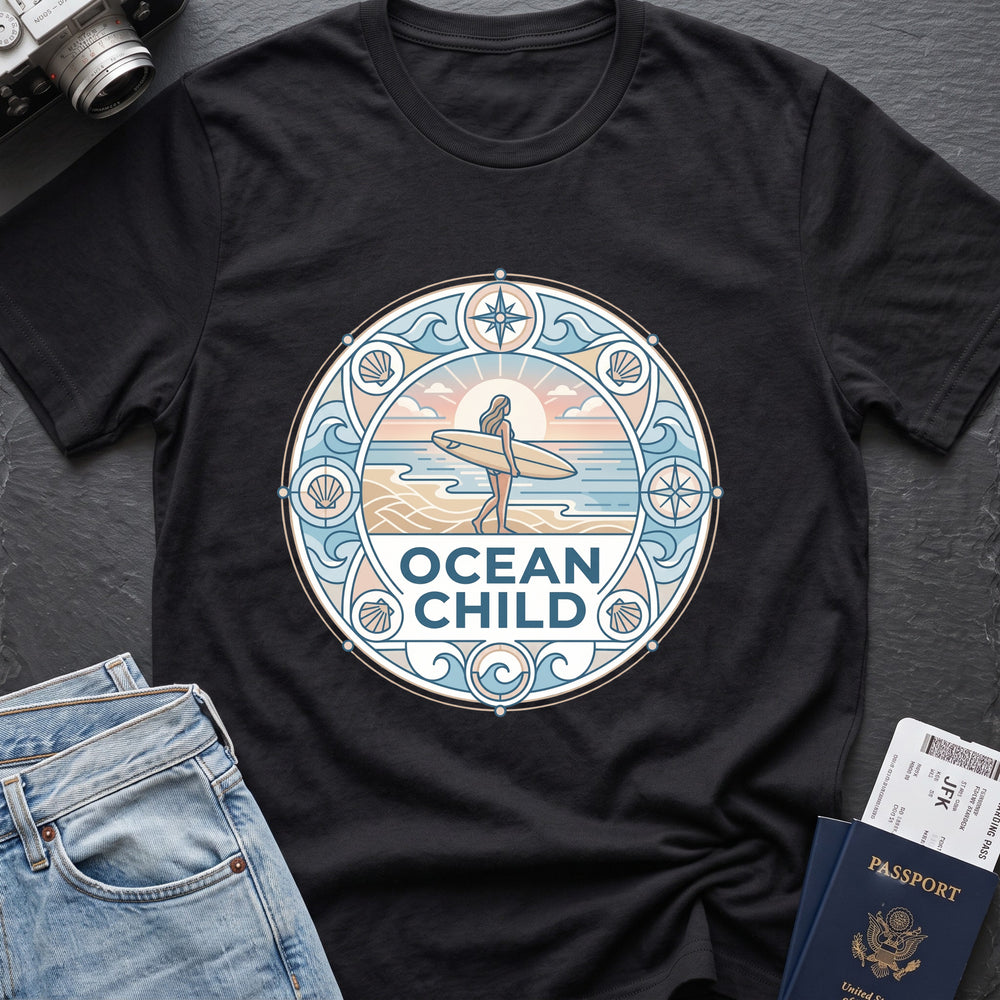 Ocean Child T-Shirt in Black, front view.