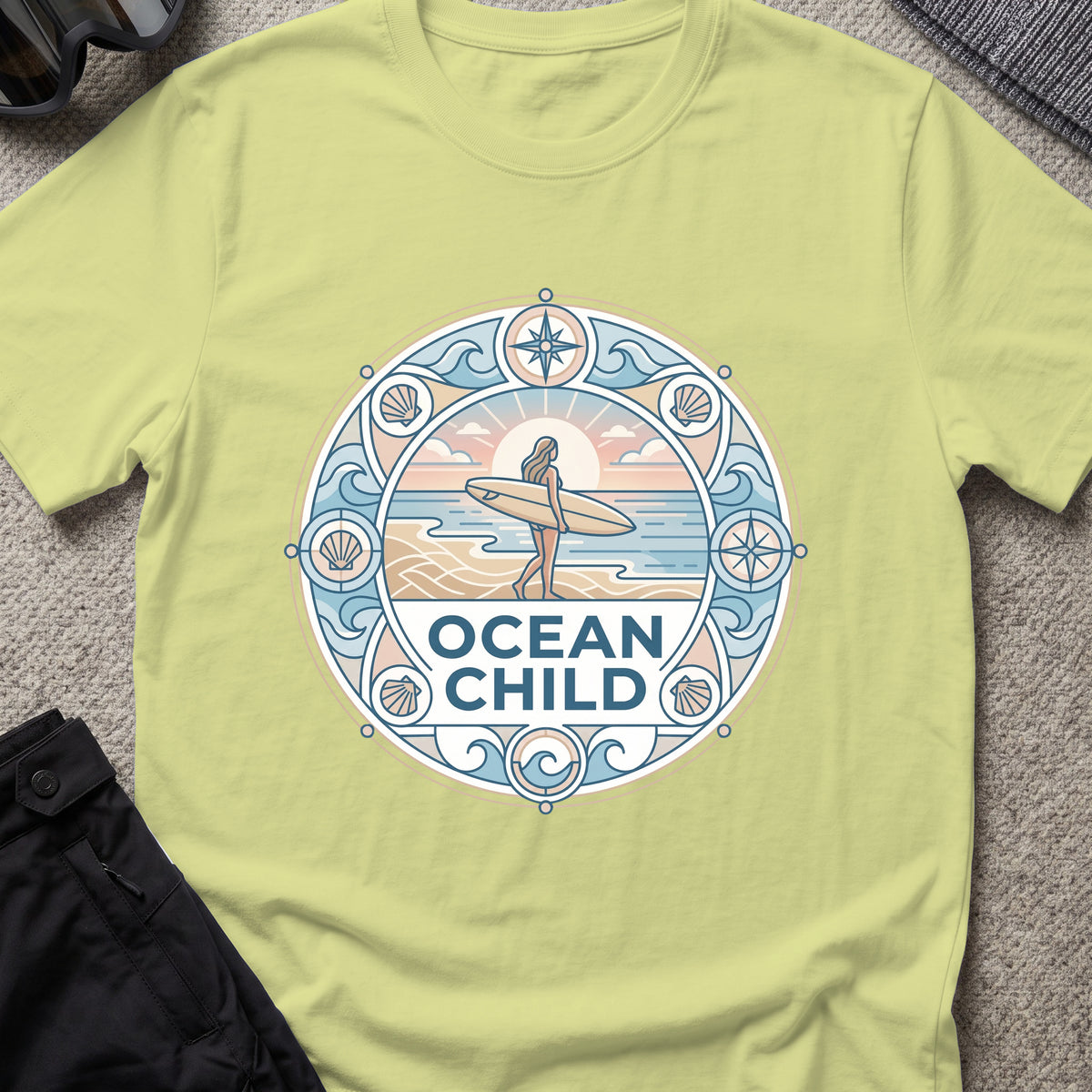 Ocean Child T-Shirt in Pistachio, front view.