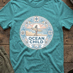 Ocean Child T-Shirt in Heather Galapagos Blue, front view.
