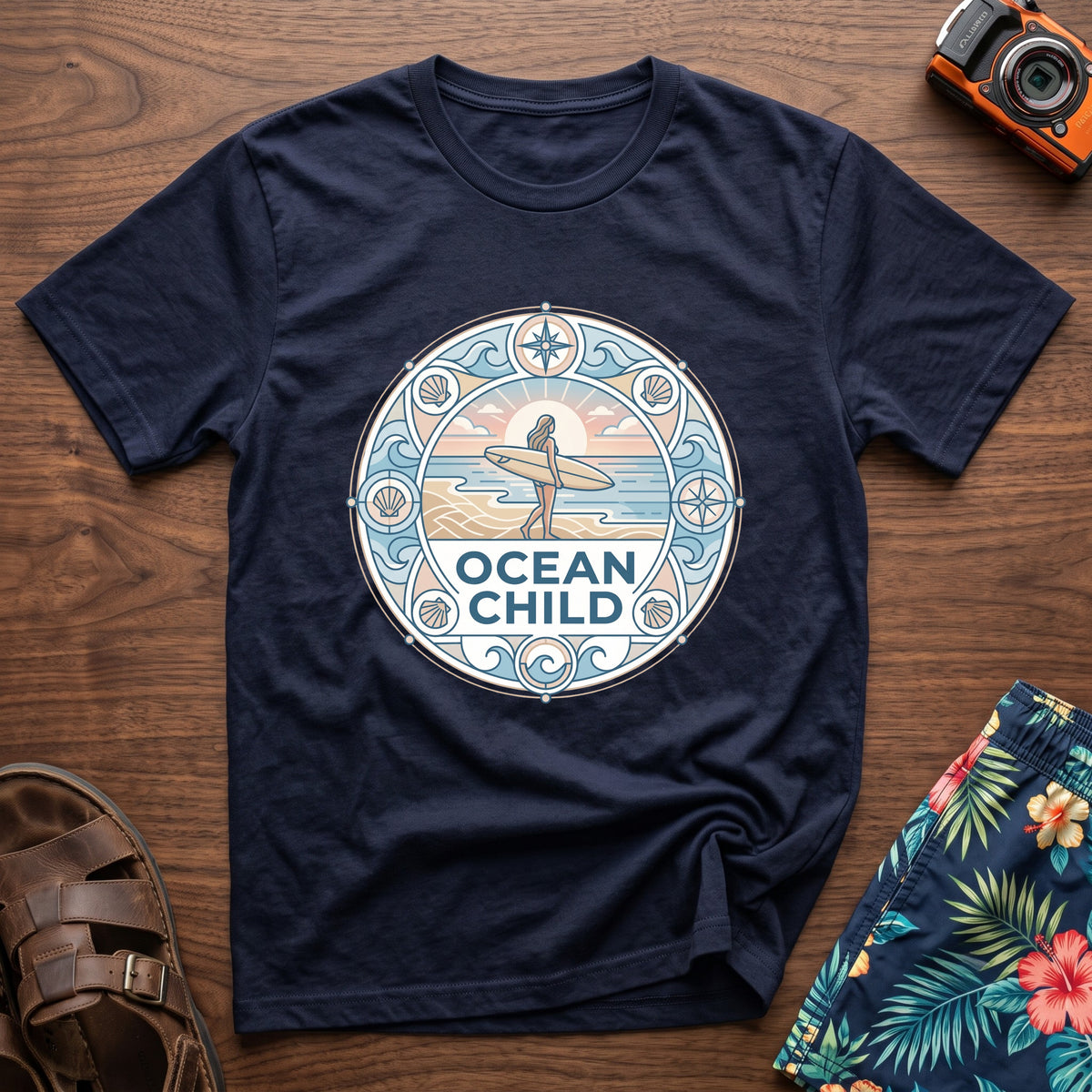 Ocean Child T-Shirt in Navy, front view.