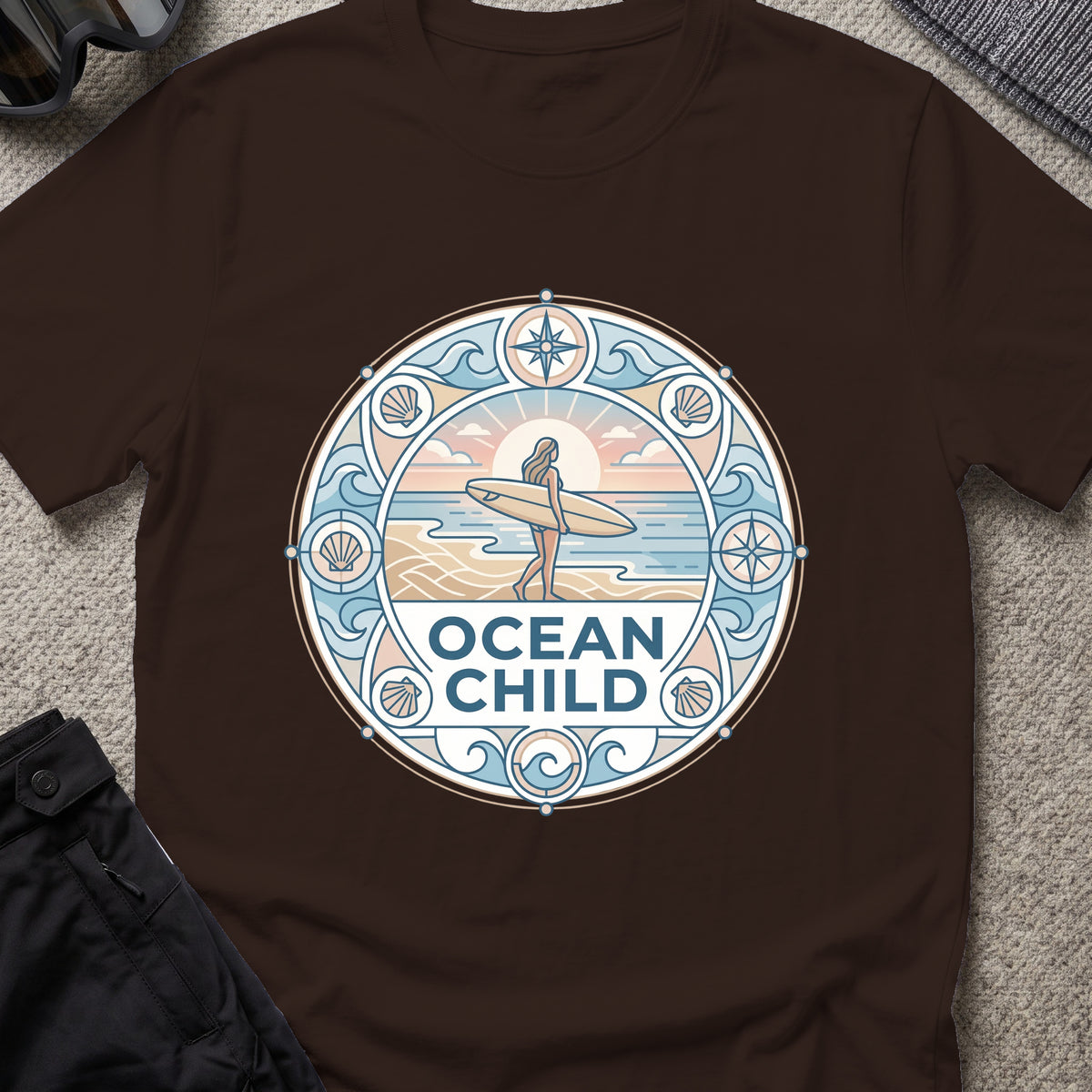 Ocean Child T-Shirt in Dark Chocolate, front view.