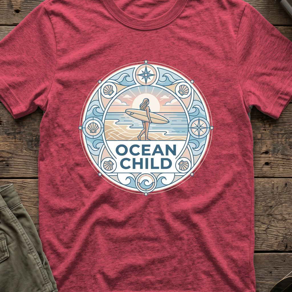 Ocean Child T-Shirt in Heather Cardinal, front view.
