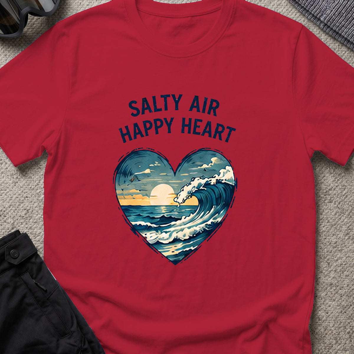 Salty Air Happy Heart T-Shirt in Antique Cherry Red, front view.