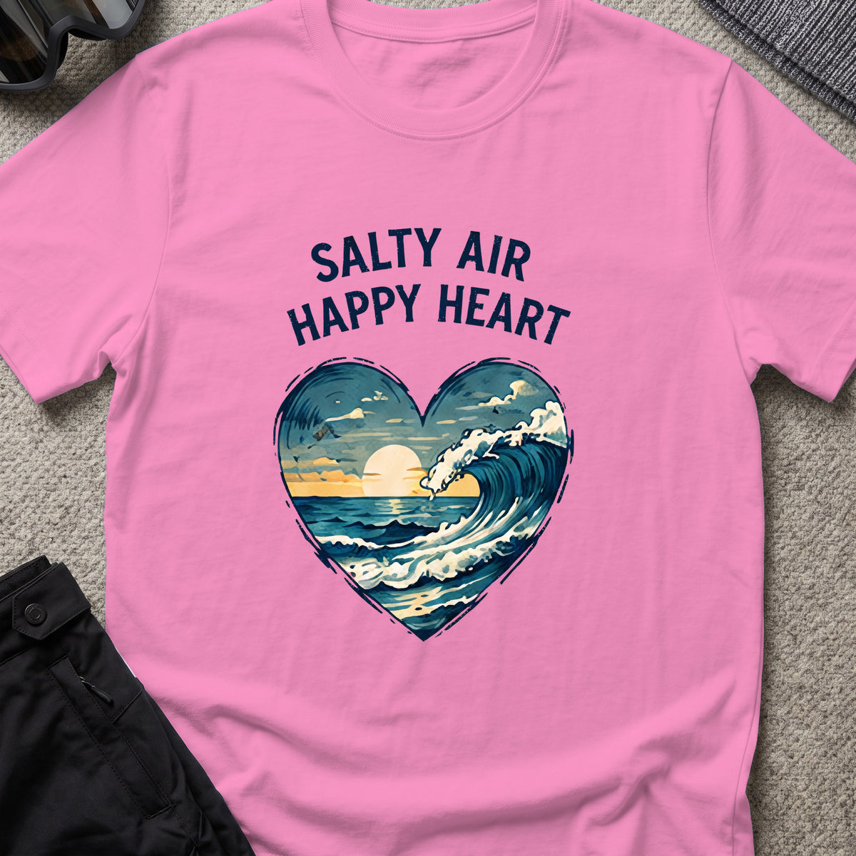 Salty Air Happy Heart T-Shirt in Azalea, front view.