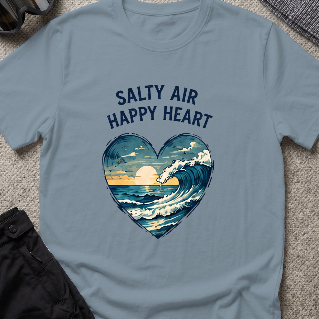 Salty Air Happy Heart T-Shirt in Stone Blue, front view.