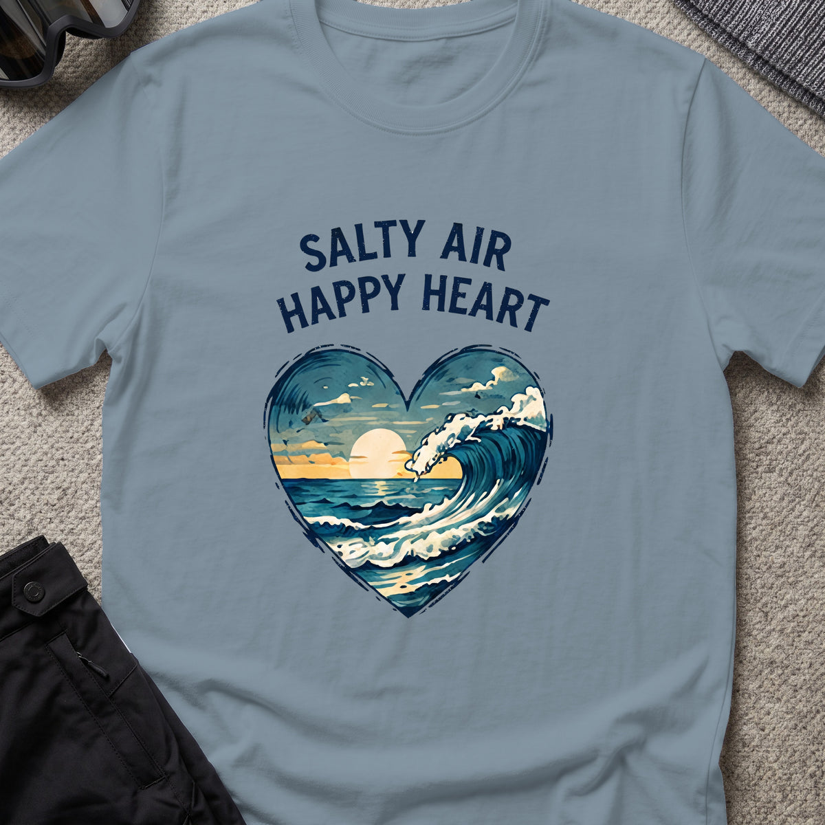 Salty Air Happy Heart T-Shirt in Stone Blue, front view.