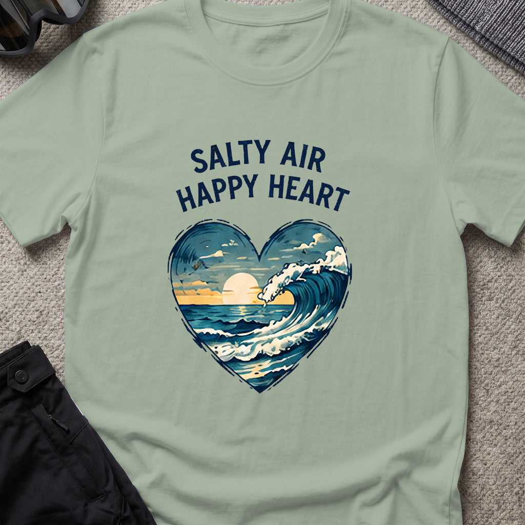 Salty Air Happy Heart T-Shirt in Sage, front view.