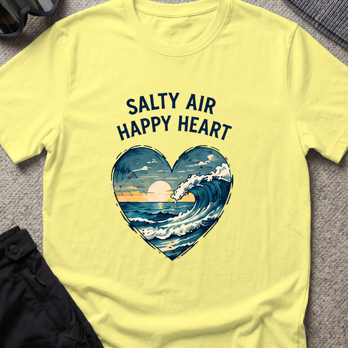 Salty Air Happy Heart T-Shirt in Cornsilk, front view.
