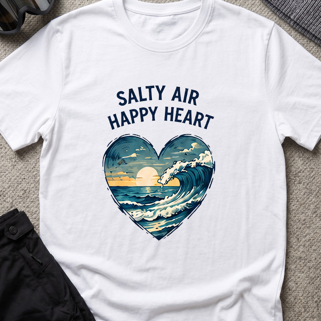 Salty Air Happy Heart T-Shirt in White, front view.