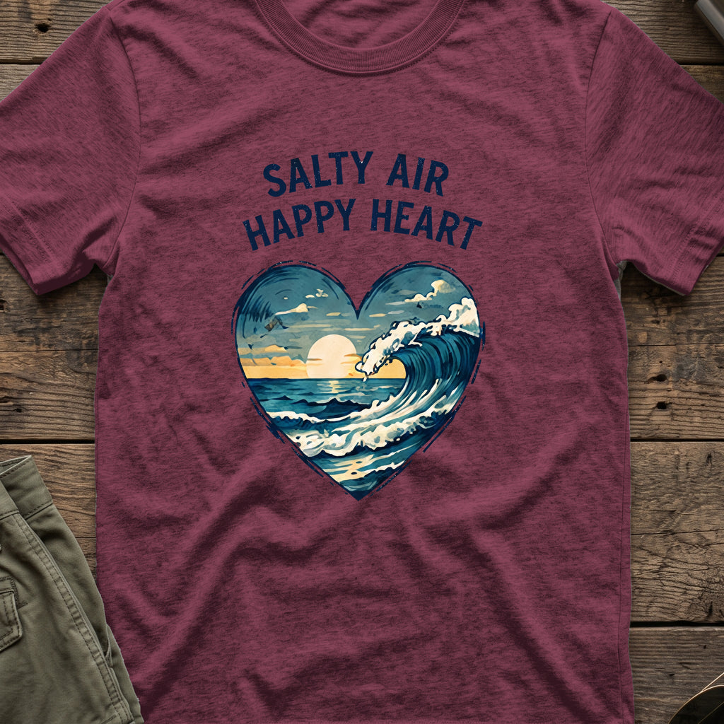 Salty Air Happy Heart T-Shirt in Heather Maroon, front view.
