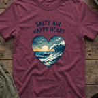 Salty Air Happy Heart T-Shirt in Heather Maroon, front view.