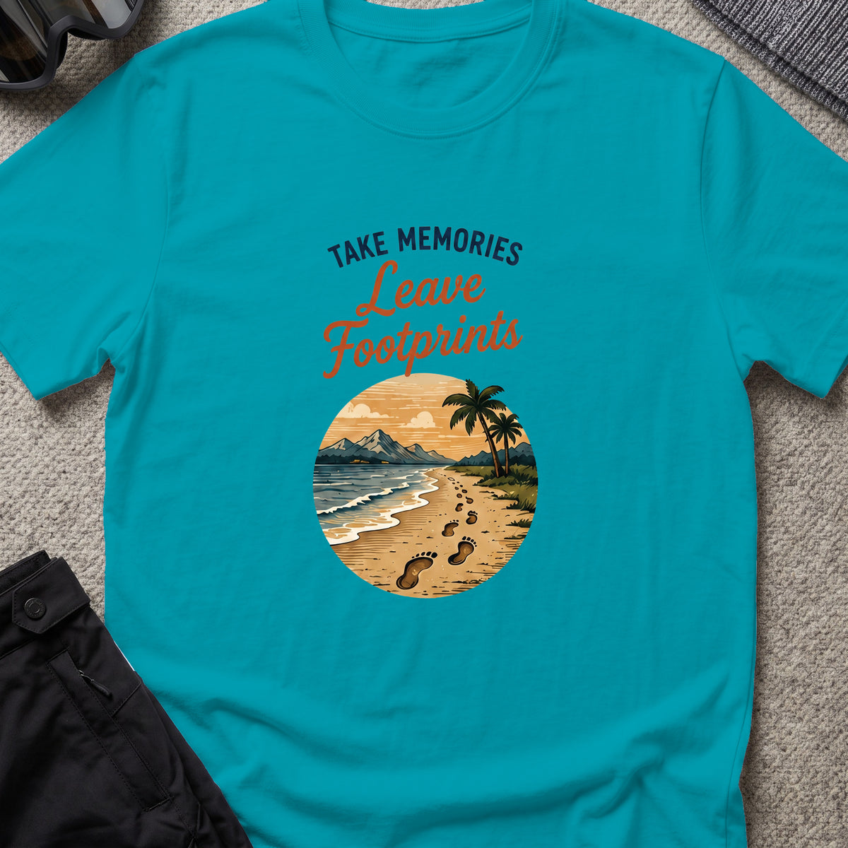 Leave Footprints T-Shirt in Tropical Blue, front view.