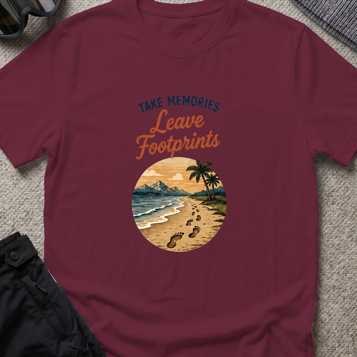 Leave Footprints T-Shirt in Maroon, front view.