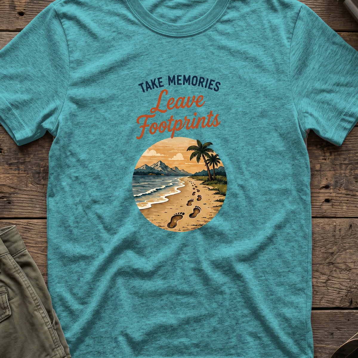 Leave Footprints T-Shirt in Heather Galapagos Blue, front view.